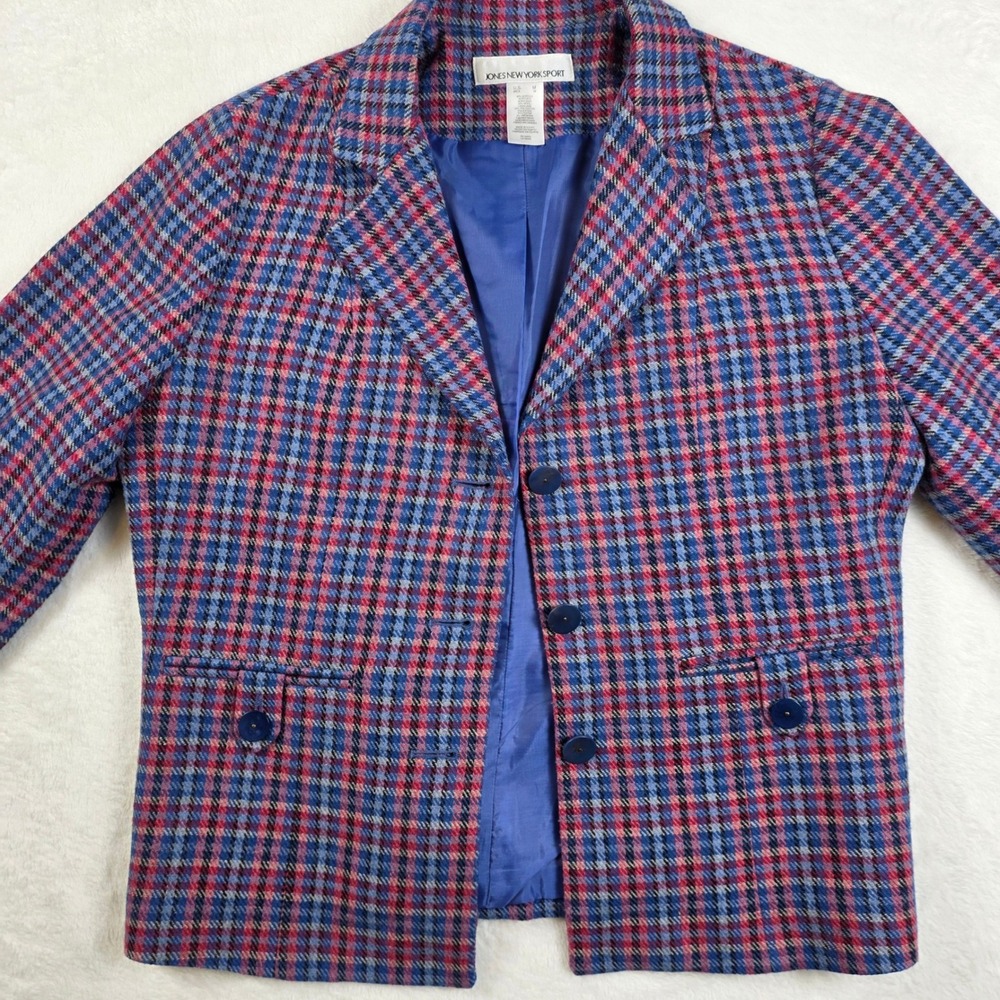 Jones New York Sport Blazer Women Size M Blue Red Plaid Excellent Wool Blend